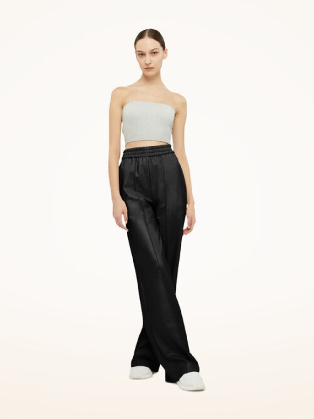 $595 Wolford Eco Vegan Leather Trousers Wide Leg Elastic Waistband Pockets Black